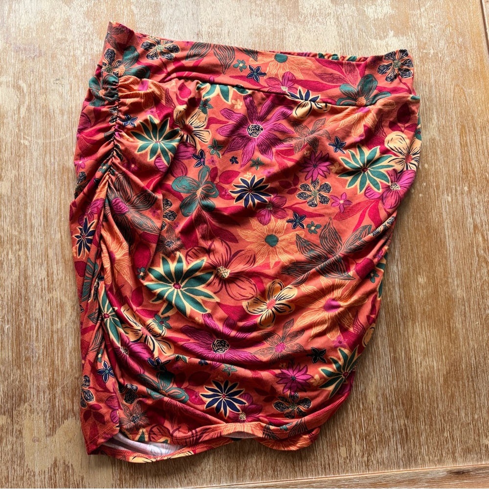 FREE PEOPLE Womens Orange Stretch Ruched Floral Short Tulip Skirt XL